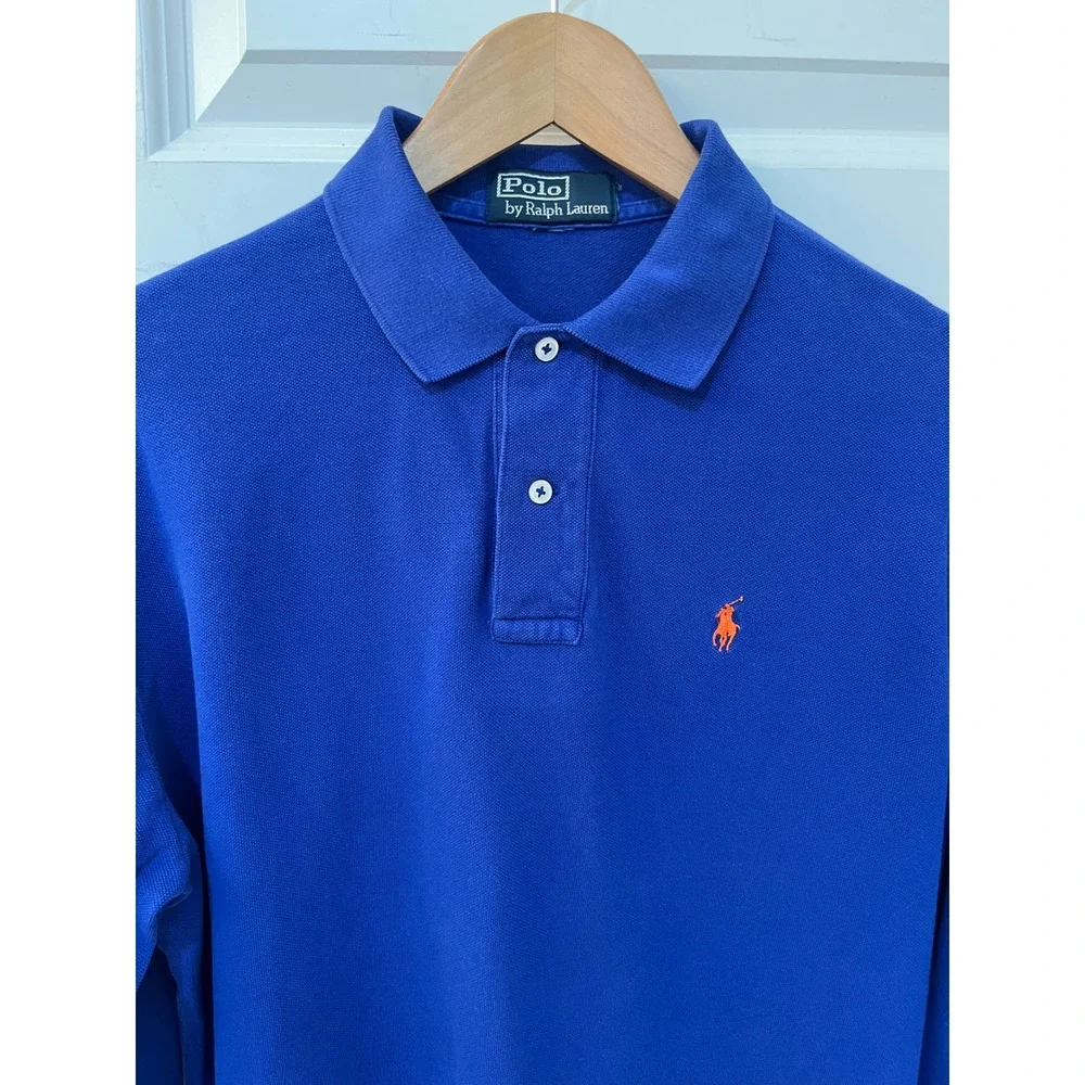 Polo Ralph Lauren Mens Long Sleeve Polo Shirt Blue Orange Pony Pique Knit L